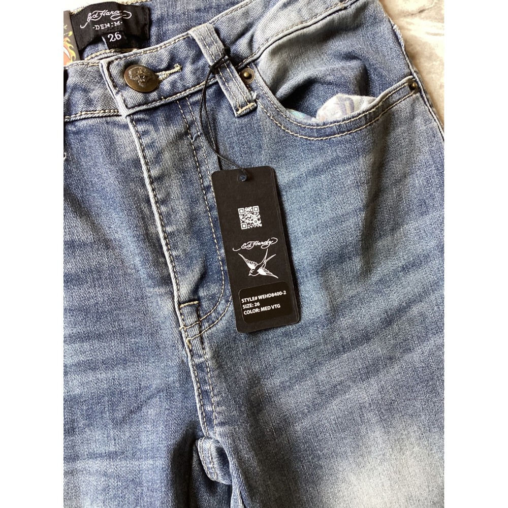Ed Hardy Slim Flare Jeans Womens 26 Medium Vintage Blue Tattoo Embroidered Logo - Picture 5 of 12